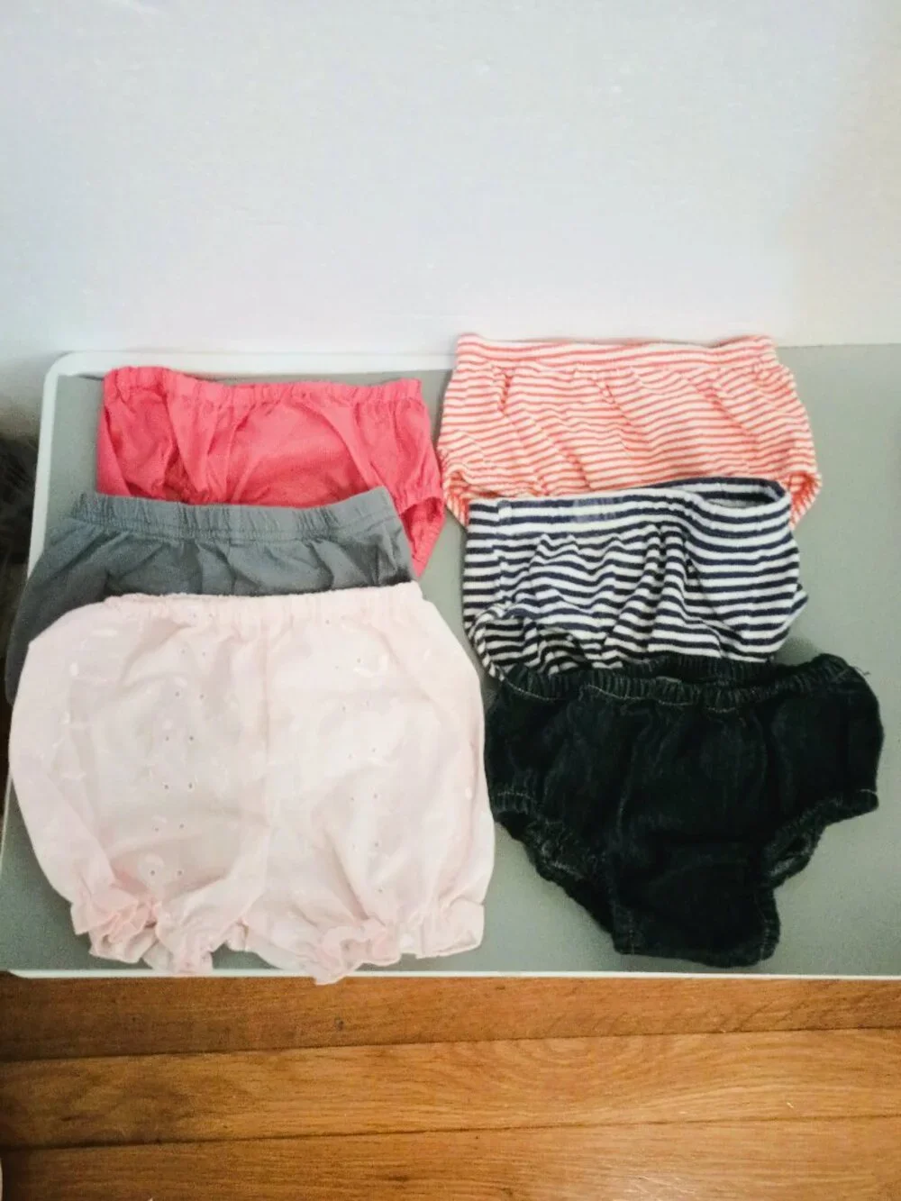 6 Bloomers Panties 12m-18m Different Colors & Designs 1 pair Denim 1 pair Eyelet